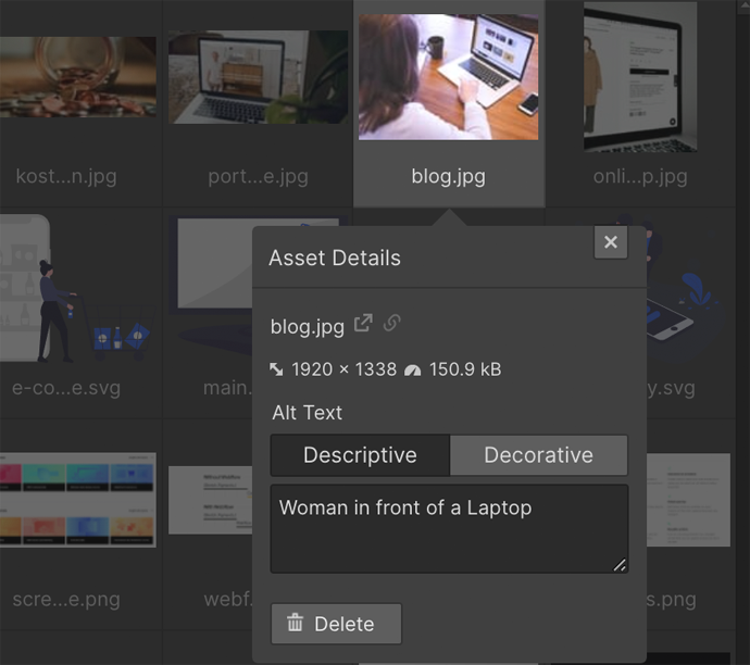 how to add alt text for an image in Webflow
