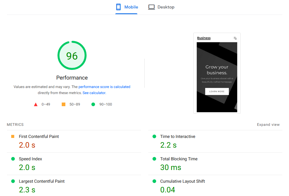 pagespeed insights result of Webflow test site