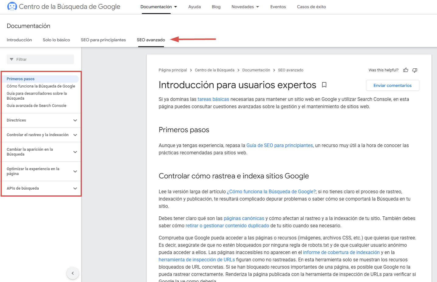 Documentación de Google para SEO Avanzado