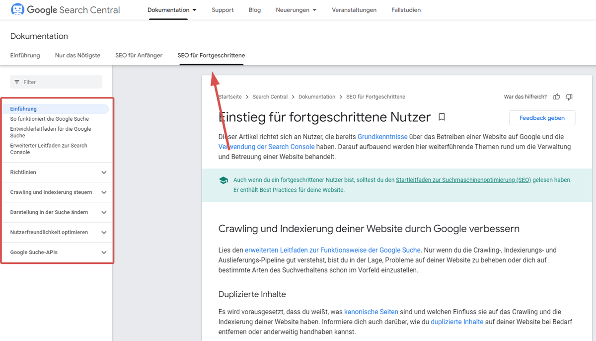 Dokumentation SEO für Fortgeschrittene