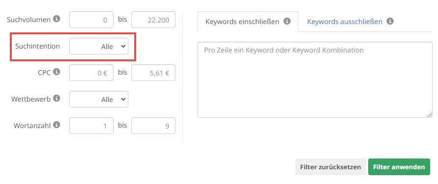 Filter für Suchintention