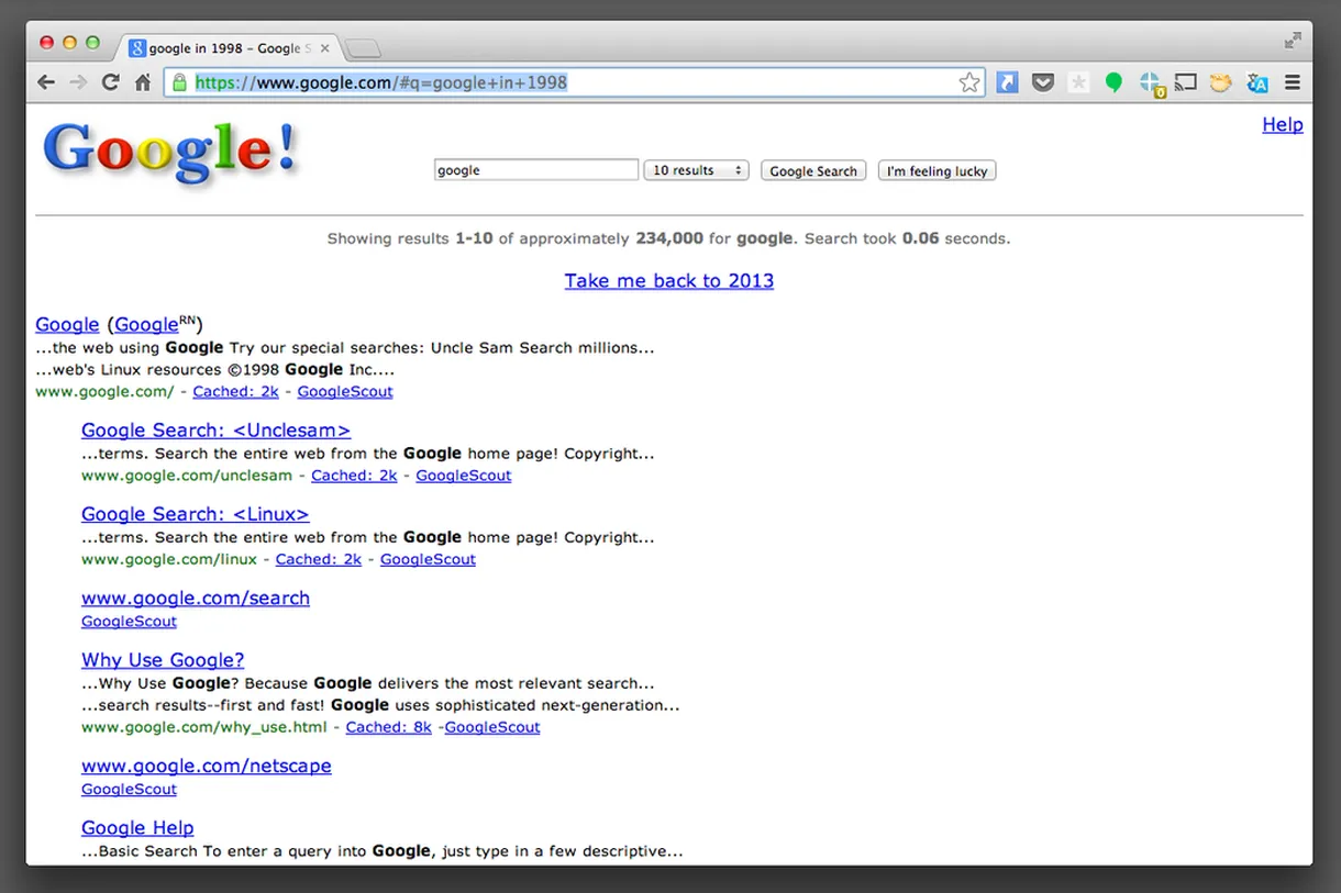 Google Suchergebnisse im Jahr 1998