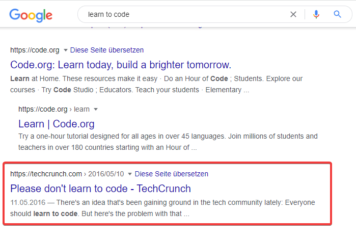 Google Suche learn to code