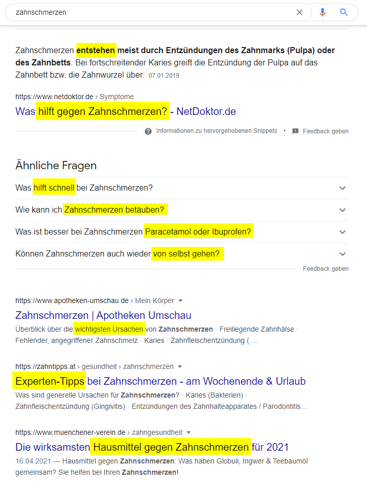 Intention der Google Suche nach zahnschmerzen