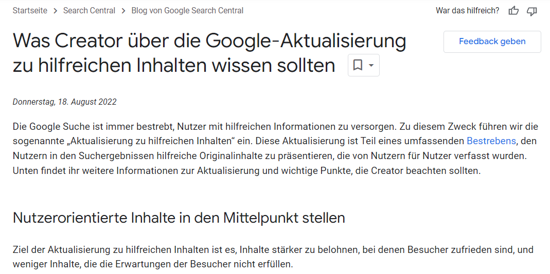 Googles Artikel über das Helpful Content Update