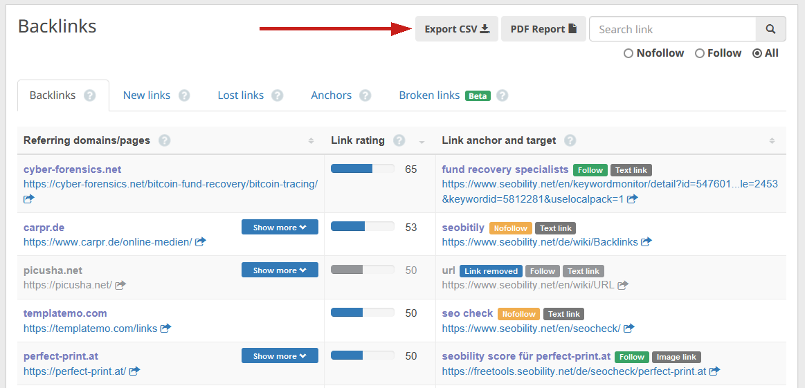 backlinks csv export