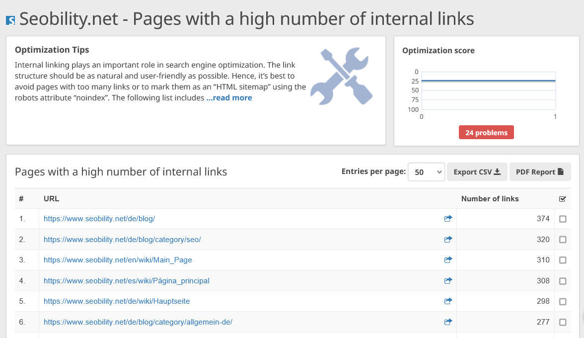 pages with a high number of internal links