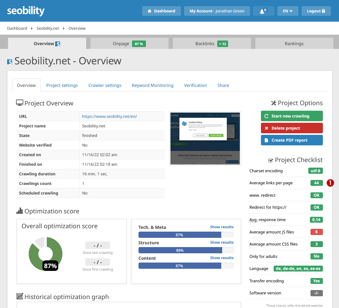 Seobility dashboard