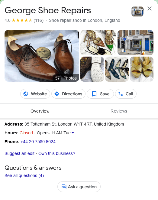 Google Business Profile of George shoe repairs