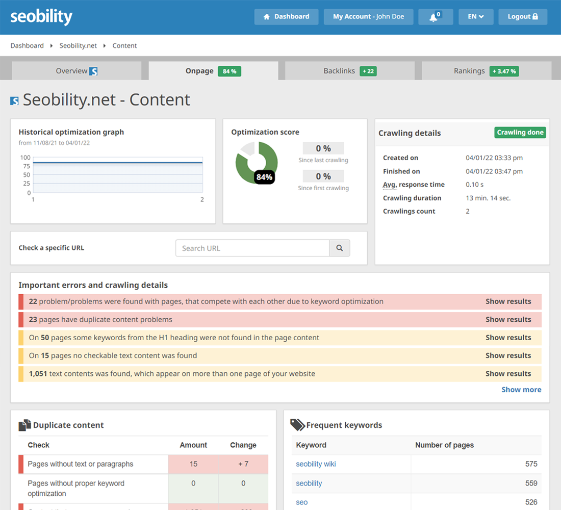 content sectino of Seobility's website audit