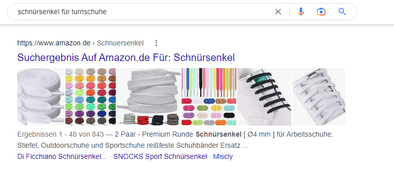 Amazon rankt auf Platz 1 für die Suche nach Schnürsenkeln