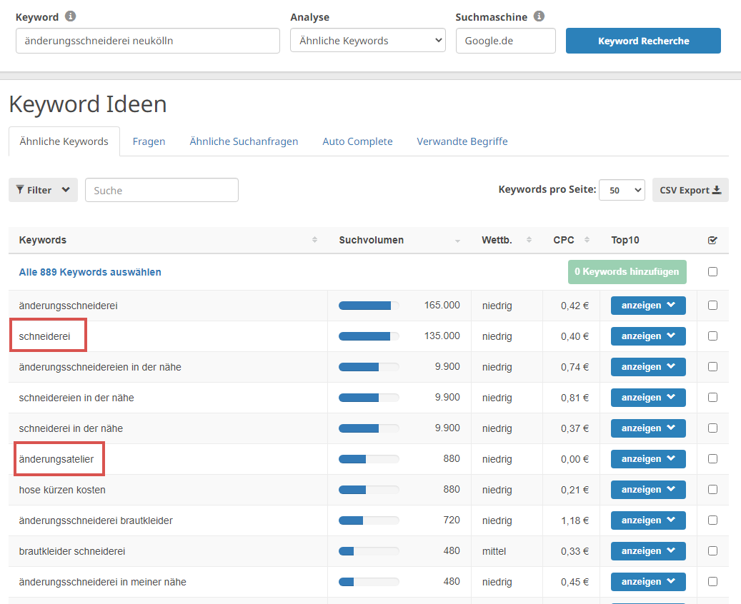 Keyword-Variationen im Keyword Recherche Tool