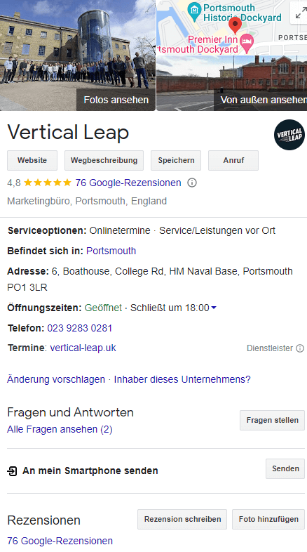 Google Unternehmensprofil von Vertical Leap