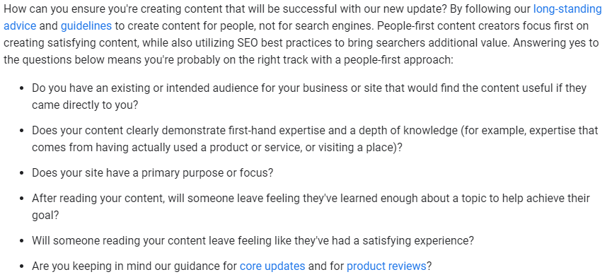Google's post on the helpful content update