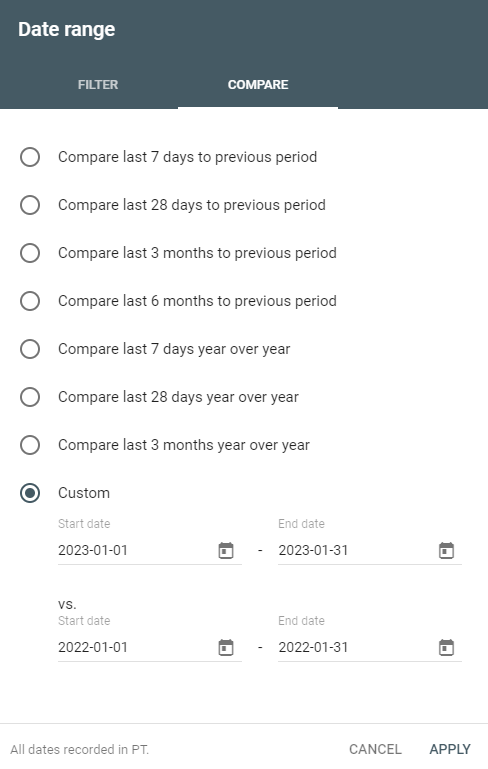 search console date range comparison