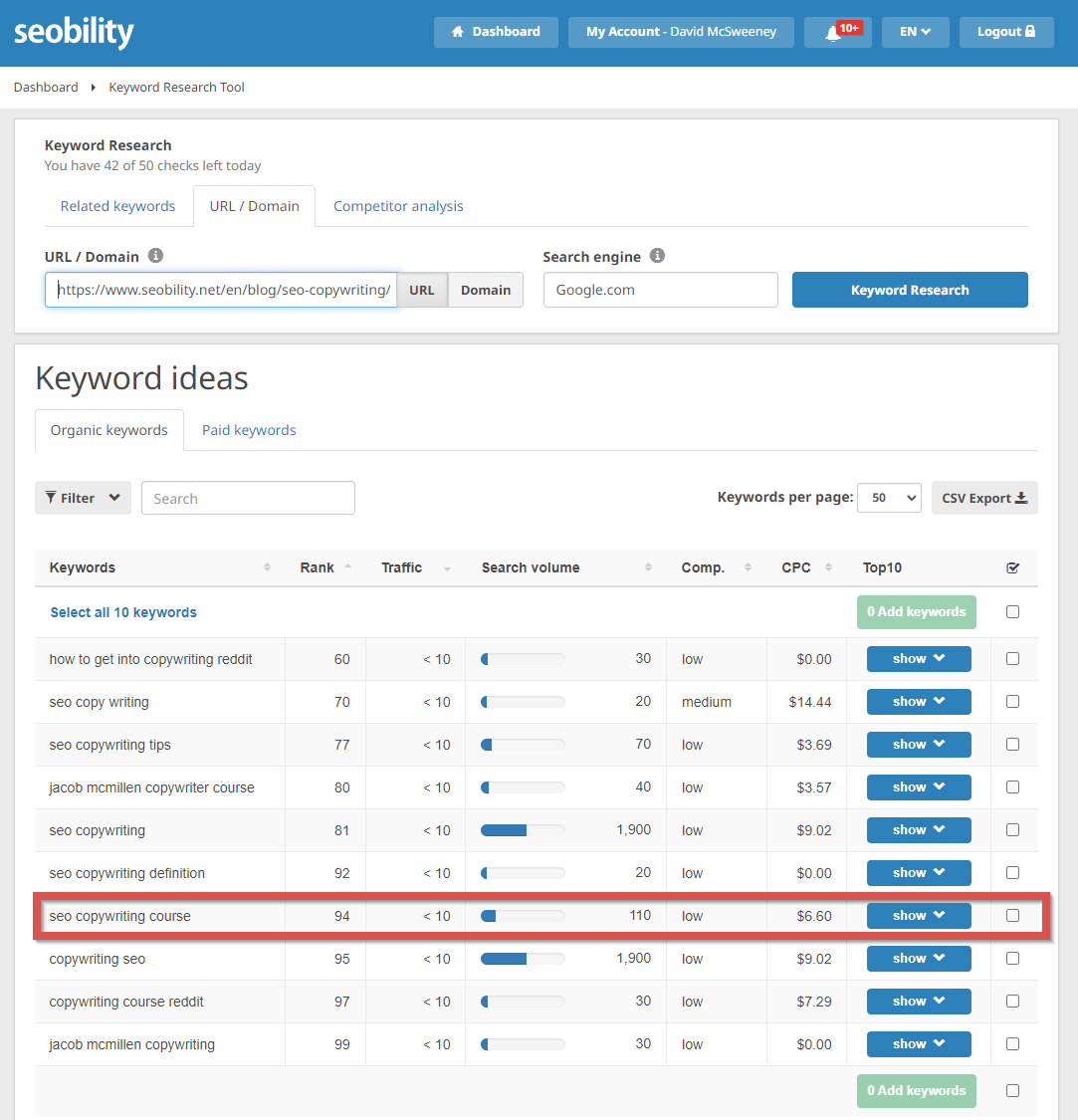 seobility keywords