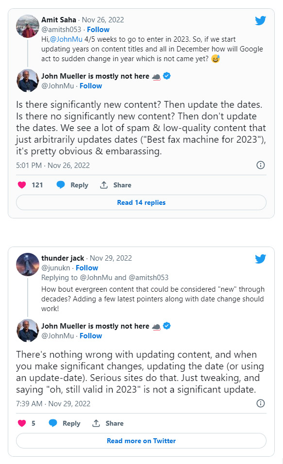 Tweets von John Mueller zum Thema Content Refreshes