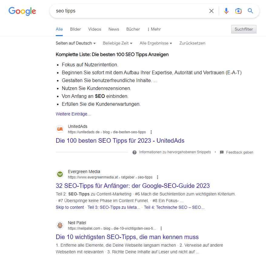 Suchergebnisse für das Keyword SEO Tipps enthalten ausschließlich Listicles