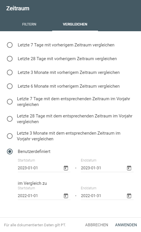 Vergleich von zwei Zeiträumen in der Google Search Console