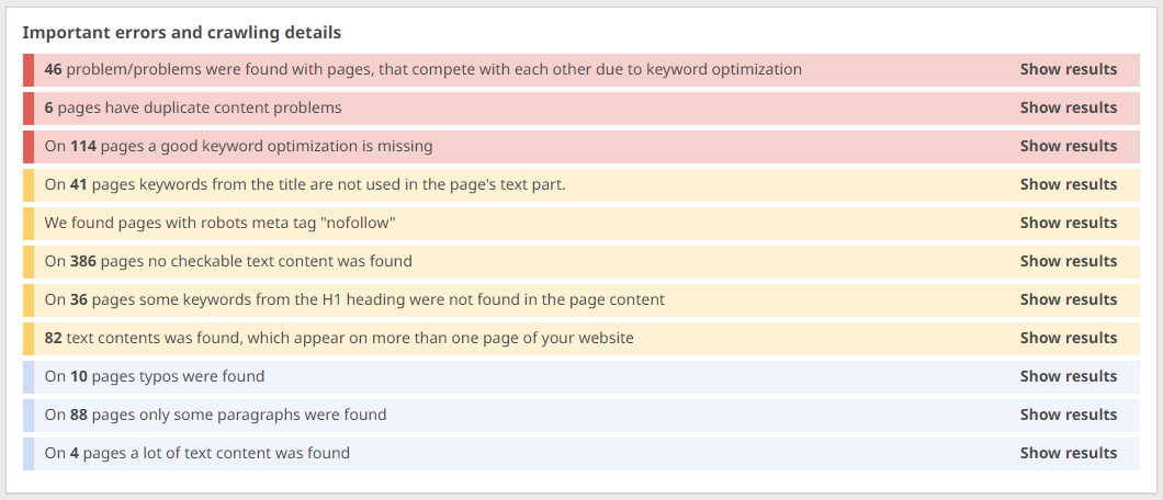 list of errors found by Seobility