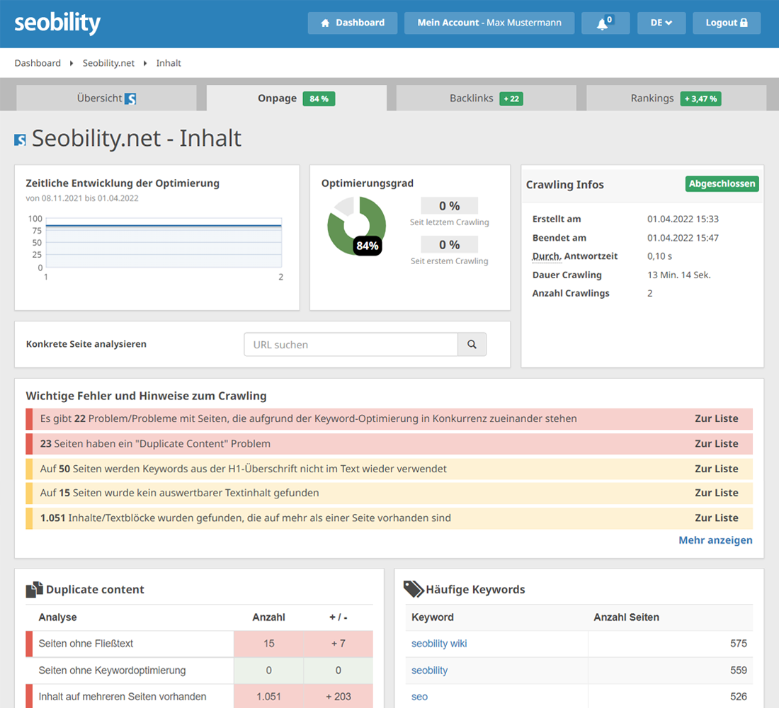 Analyse des Website Inhalts durch Seobility