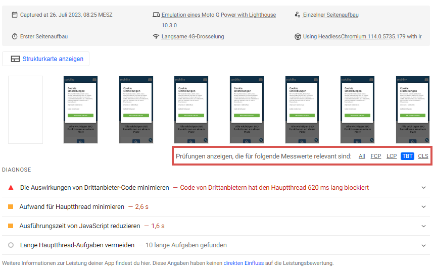 Pagespeed Insights Empfehlungen filtern