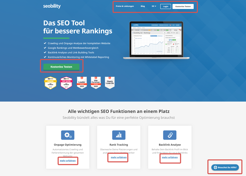 Interaktionsmöglichkeiten auf der Seobility Startseite