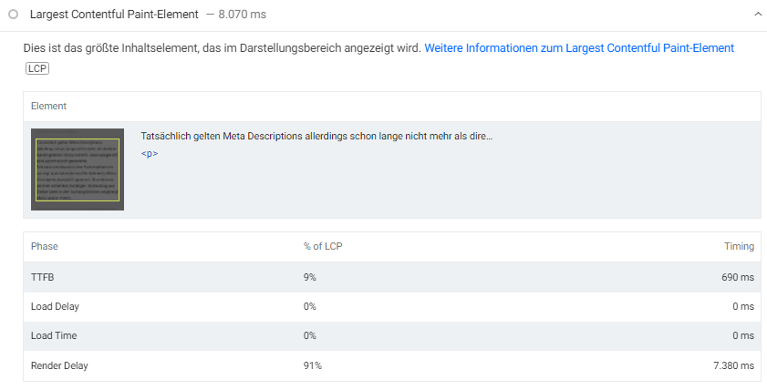 PageSpeed Insights zeigt das LCP-Element an