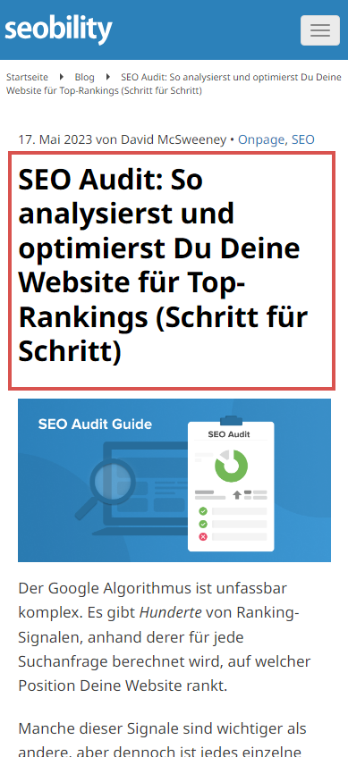 LCP Element unseres SEO Audit Blogartikels