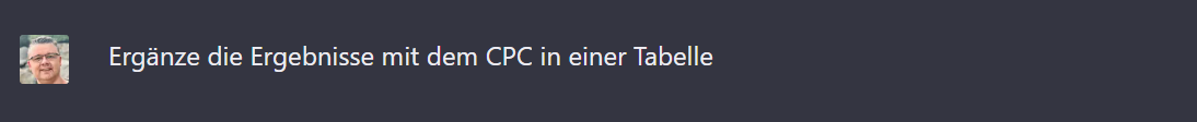 Anweisung an ChatGPT, CPC Daten zu ergänzen
