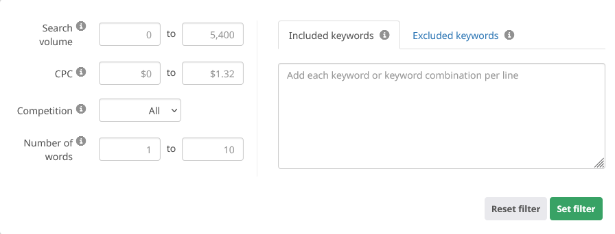 filter function in the Keyword Research Tool