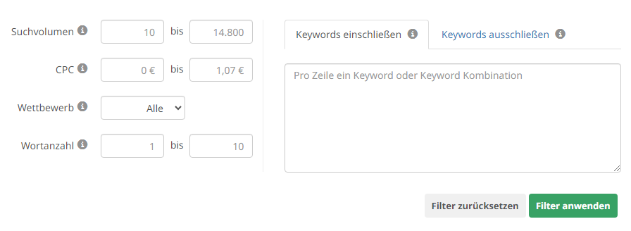 Filter-Funktion des Keyword Recherche Tools