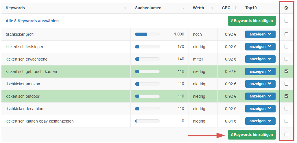 Keywords im Tool auswählen