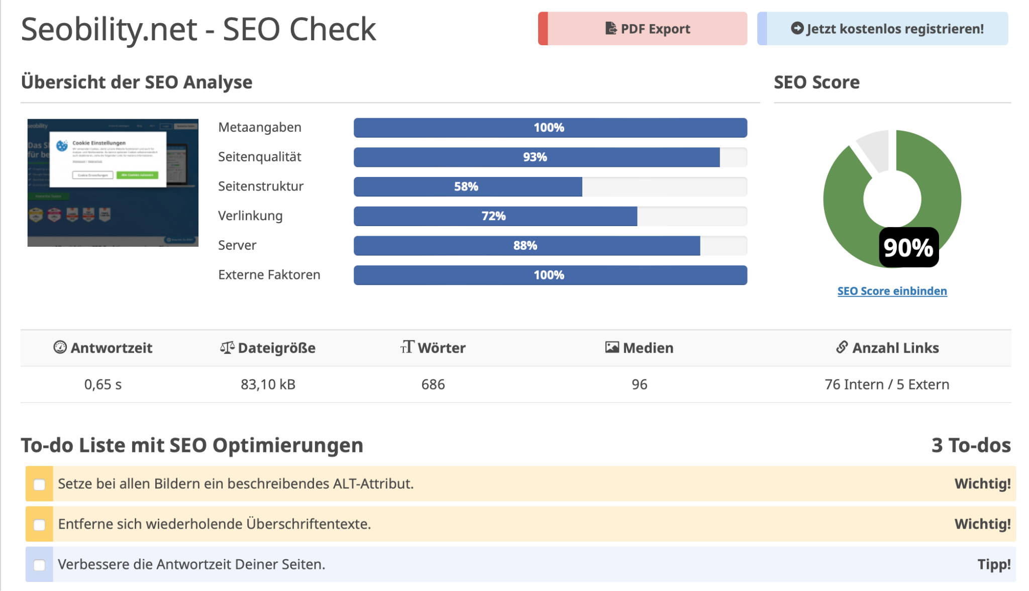 Ergebnisse des SEO Checks