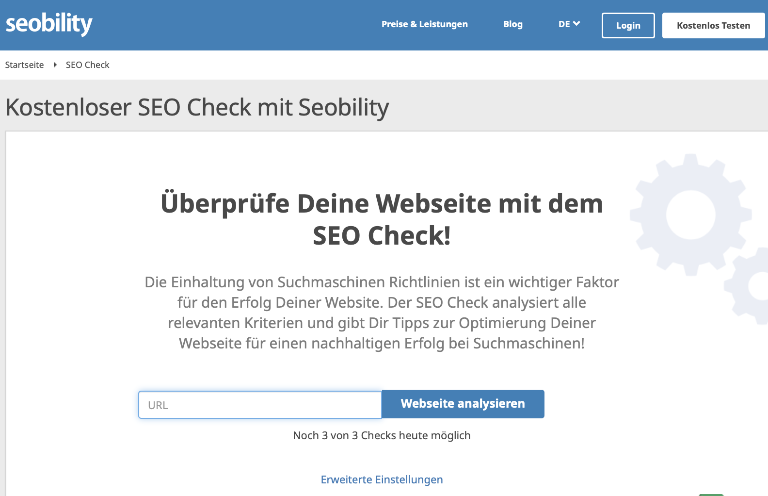 Kostenloser SEO Check von Seobility