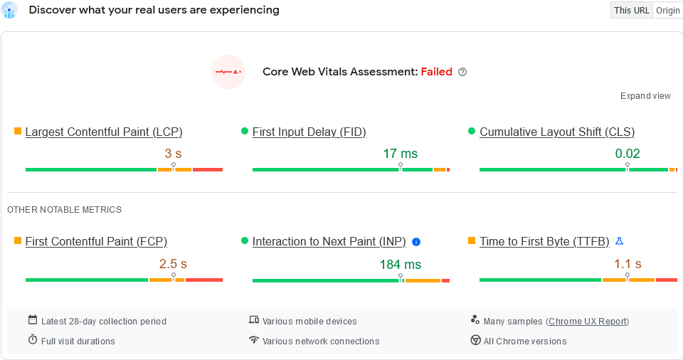 Google Pagespeed Insights tool with data