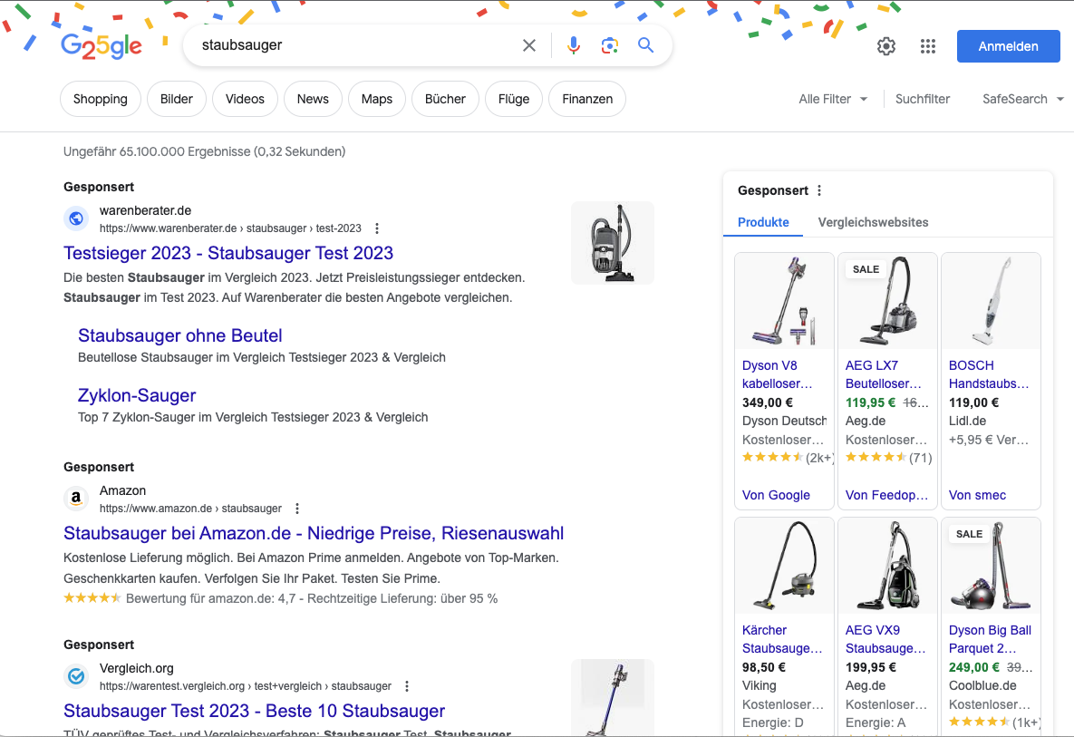 die Google Suchergebnisse zum Keyword Staubsauger sind transaktional ausgerichtet