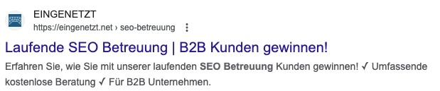 das Google Suchergebnis von Eingenetzt zum Keyword seo betreuung