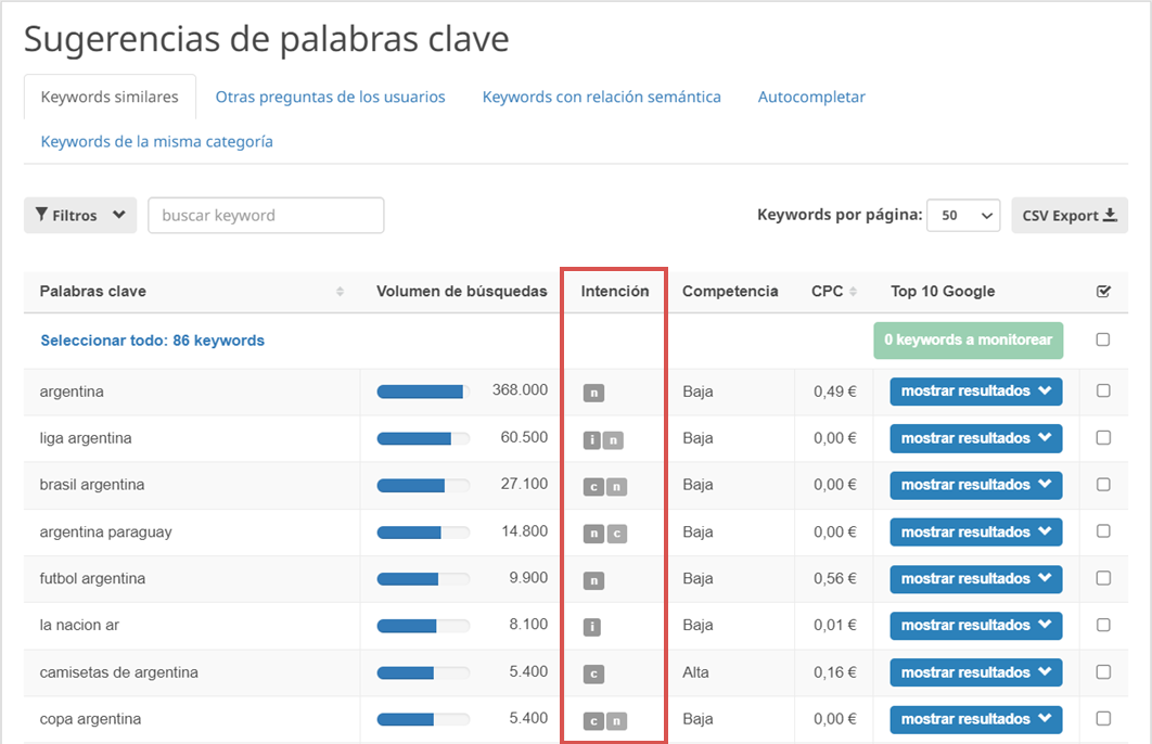 columna con la intención de búsqueda del buscador de palabras clave de seobility