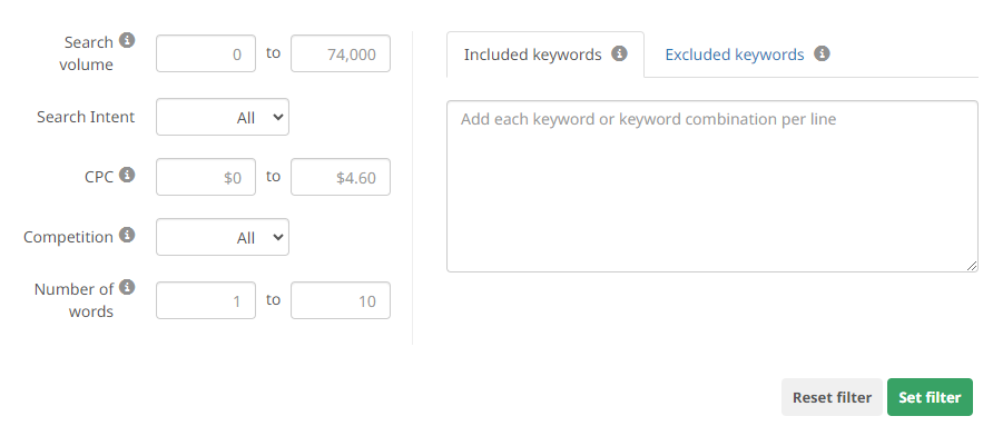 filter function in the Keyword Research Tool