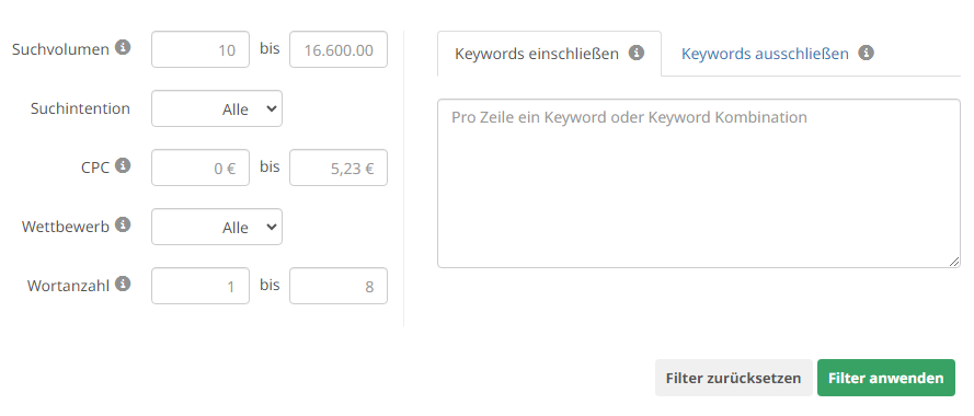 Filter-Funktion des Keyword Recherche Tools