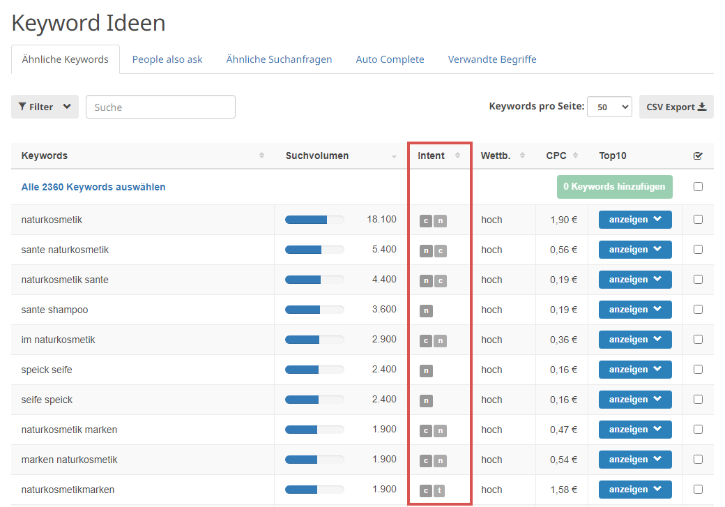 Search Intent Spalte im Keyword Recherche Tool