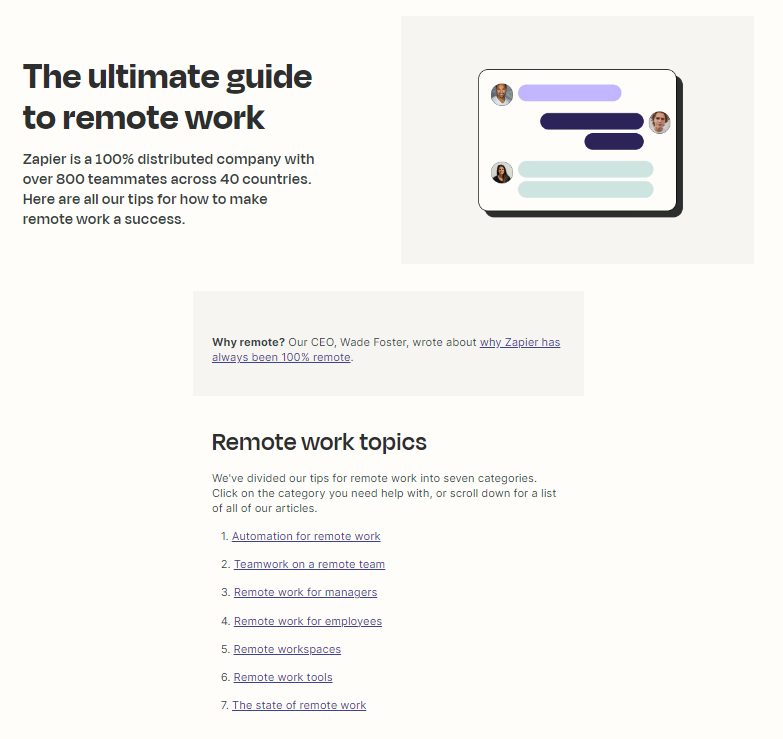 Example of a content hub on the topic of “remote work” from Zapier