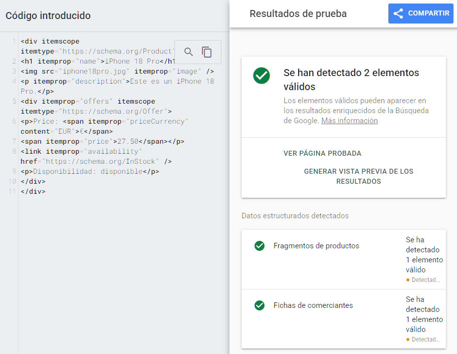 Prueba de resultados enriquecidos comprobada