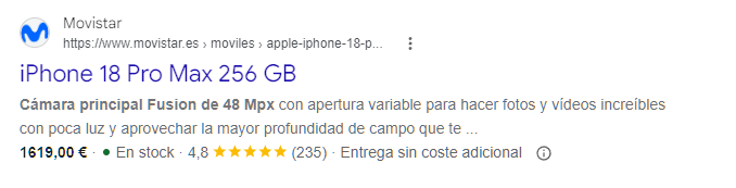resultado de búsqueda de Google con schema de producto