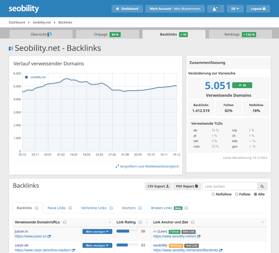 das Backlink Monitoring von Seobility