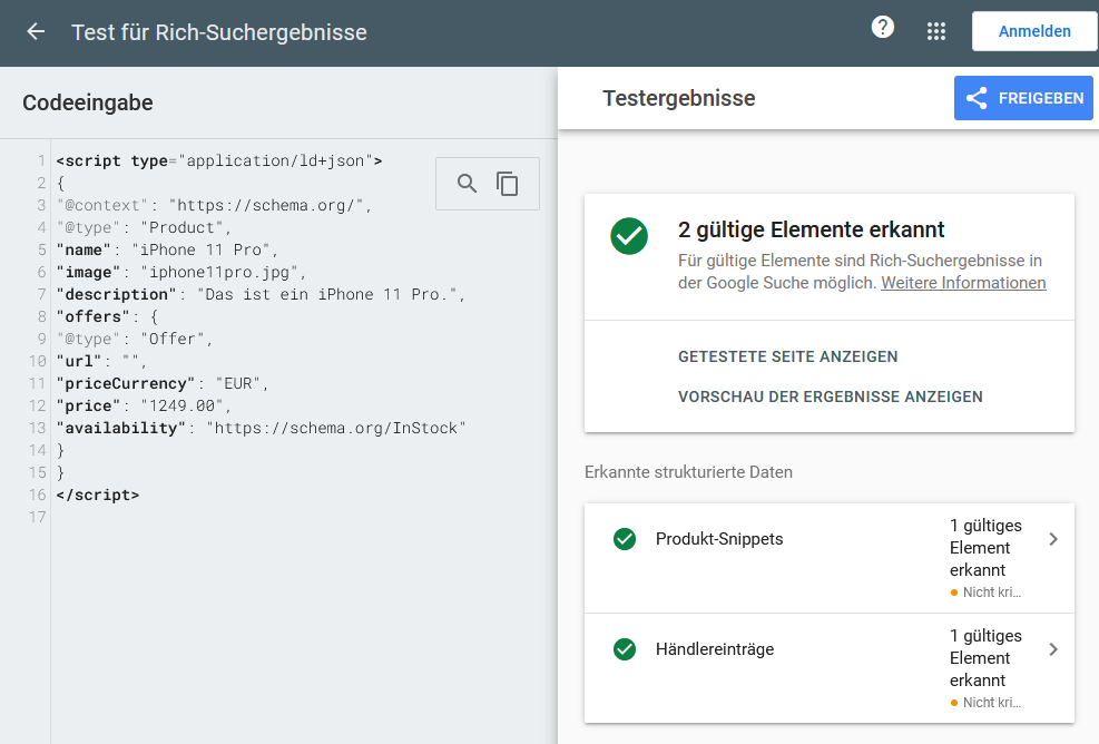 auch hier erkennt der Test 2 gültige Elemente