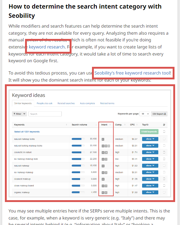 search intent category with seobility