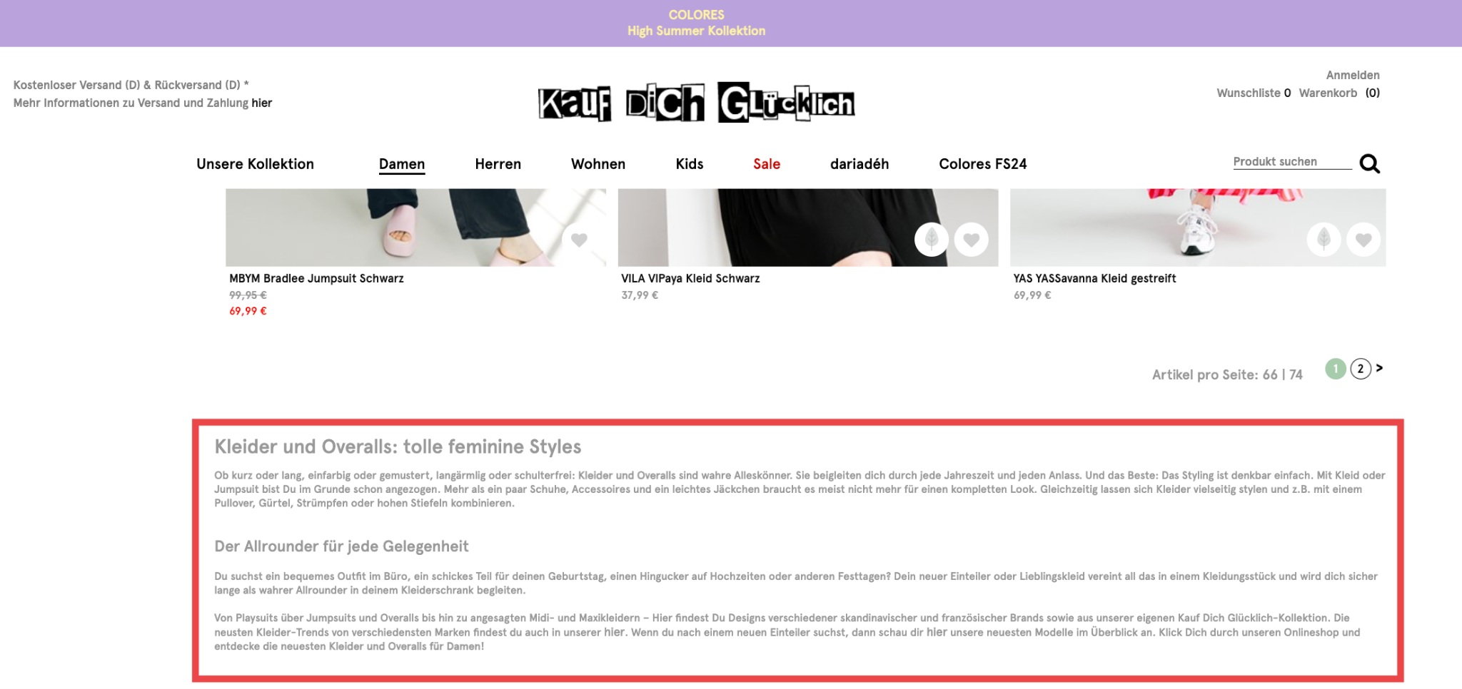 Content auf der Kategorieseite eines Online Shops