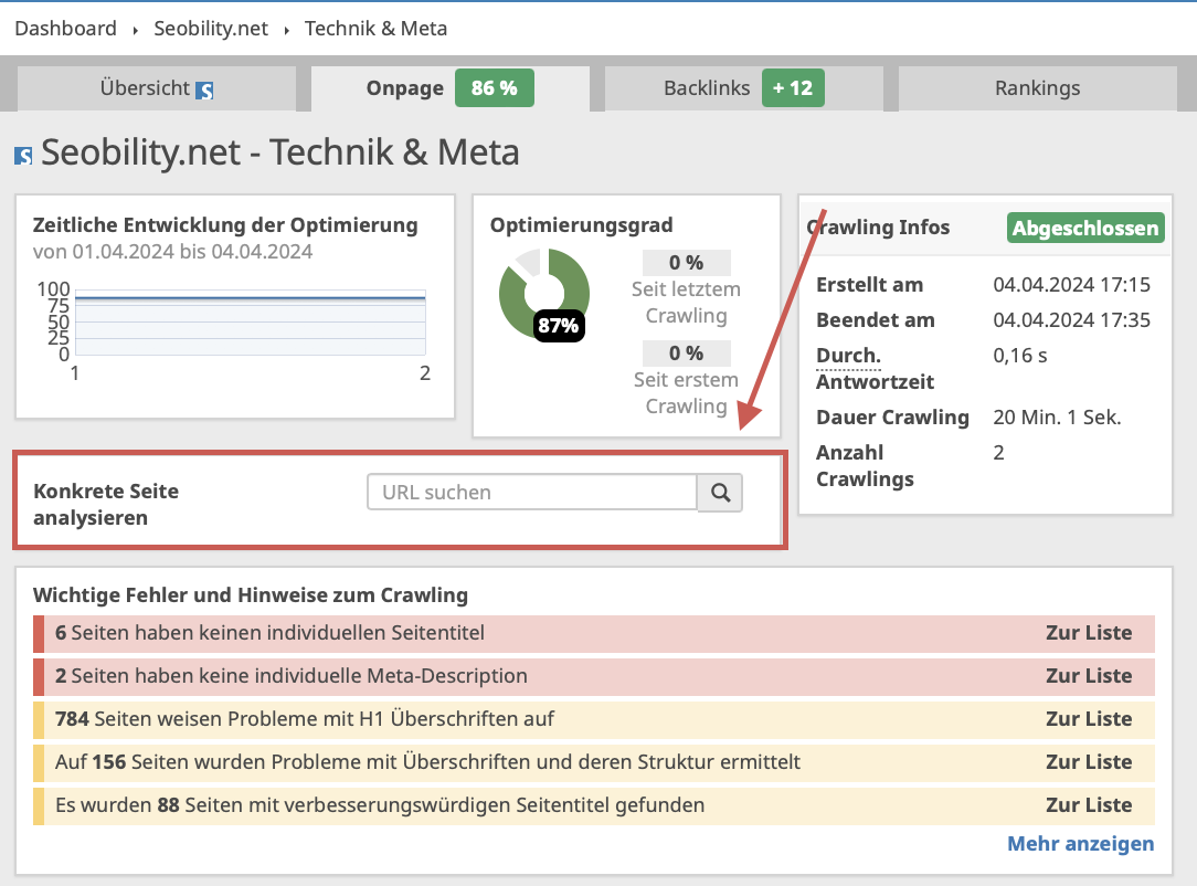 Analysiere eine konkrete Seite mit Seobility